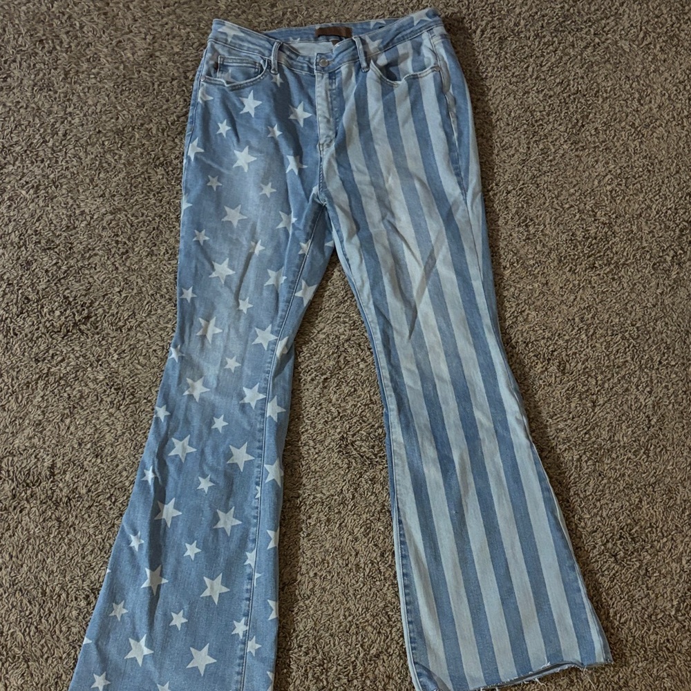 Judy Blue Light Blue & White Star + Stripe Flare Jeans